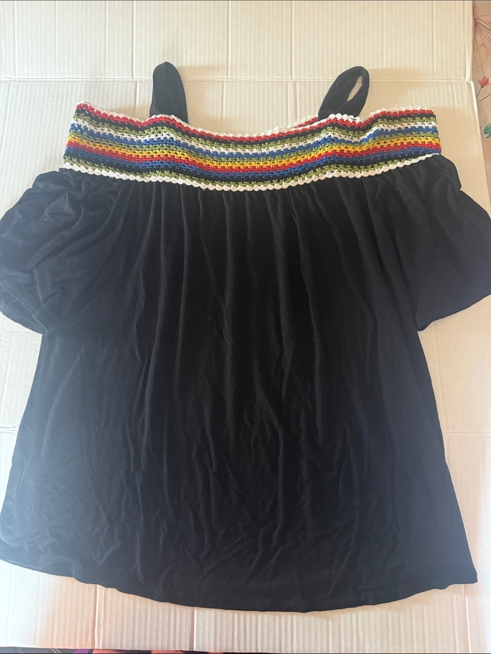 Cha Cha Vente XL Black Off-Shoulder Top with Multicolor Crochet Trim
